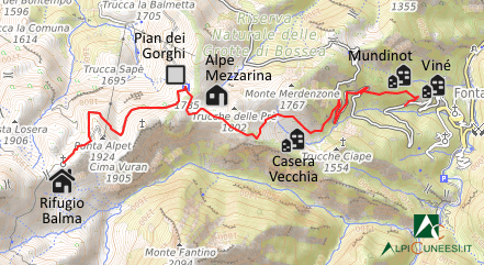 Carta schematica - Itinerario 04.05 Viné - Casera Vecchia - Pian dei Gorghi - Rifugio Balma