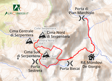 Carta schematica - Itinerario 06.02 Porta di Pian Marchisio - Lago delle Moie - Cima Nord di Serpentera - Porta di Pian Marchisio