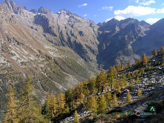 15 - Pian della Casa del Re dal sentiero che sale al Lago sottano di Fremamorta. Al centro si vede il Vallone di Balma Ghiliè che porta al Colle del Mercantour e, all'estrema destra, il Vallone di Ciriegia che conduce al Colle di Ciriegia (2008)