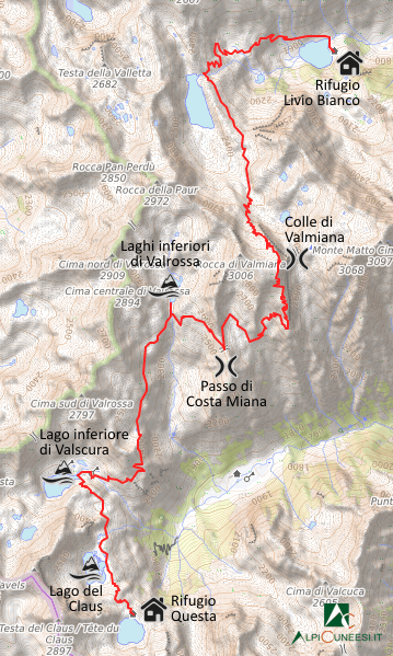 Carta schematica - Itinerario 11.28 Rifugio Livio Bianco - Colle di Valmiana - Laghi inferiori di Valrossa - Rifugio Questa