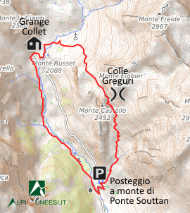 Carta schematica - Itinerario 14.09 Posteggio a monte di Ponte Souttan - Colle Greguri - Posteggio a monte di Ponte Souttan