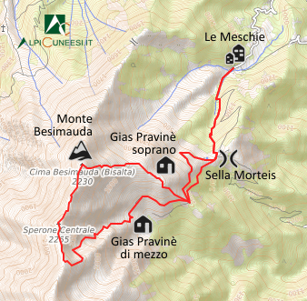 Carta schematica - Itinerario 07.16 Le Meschie - Sella Morteis - Monte Besimauda (Bisalta) - Le Meschie
