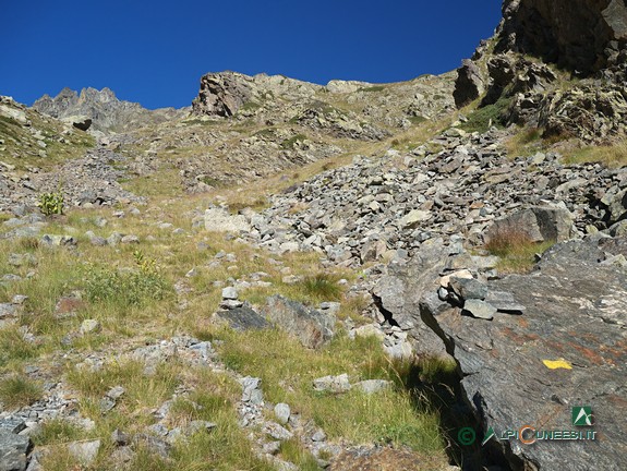 2 - Uno dei segnavia gialli che guidano verso il Lago del Gorgion Lungo (2020)