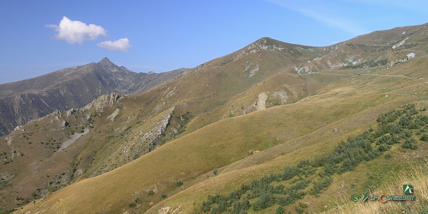 1 - In alto a destra la Colla dei Termini, dalla strada sterrata che la raggiunge; sullo sfondo, la cuspide rocciosa del Pizzo d'Ormea ai cui piedi si trova la Colla del Pizzo (2009)