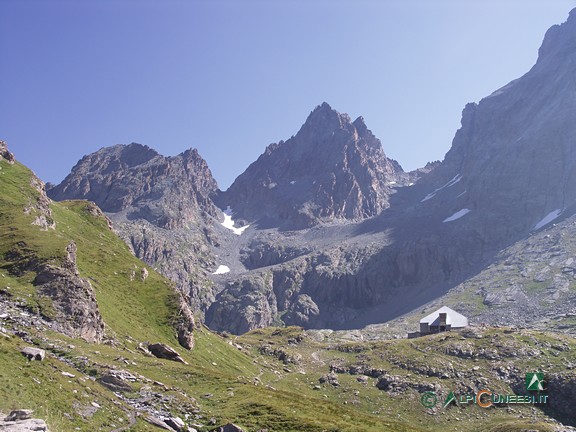 9 - La sagoma piramidale del Rifugio Vallanta ai piedi del Visolotto (al centro) e Punta Gastaldi (a sinistra) (2005)