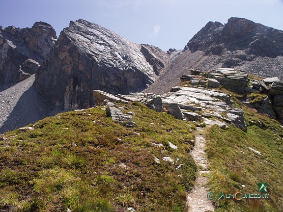 9 - Il sentiero che scende la Costa Sturana; sullo sfondo da sinistra: Rocca Gialeo, Pic delle Sagneres e l'intaglio del Colle delle Sagneres (2005)