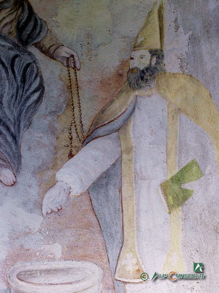 7 - Il pilone votivo di Tetti Colletta, particolare della raffigurazione di San Nicolao che benedice la cisterna del paese (2005)
