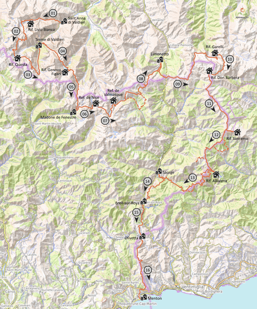 Kartenskizze Alta Via Alpi Mare